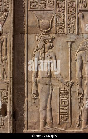 Hathor, Göttin des Himmels und der Sonne, auf einem Relief im Tempel von KOM Ombo, Ägypten Stockfoto