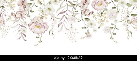 Zarte Aquarellrosen. Nahtloser Blumenrand von Pflanzen und Blumen. Stockfoto