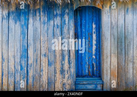 Verwitterte blaue Holztür und -Wand; Cayo Guillermo, Kuba Stockfoto