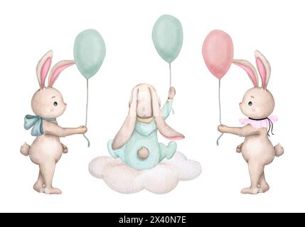 Ein Set süßer Hasen mit einem Ballon. Kinderillustration. Handgezeichnetes Aquarell. Babydusche, Muttertag, Geburtstag, Valentinstag. Clipart für Stockfoto