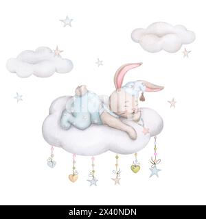 Niedliches Häschen, das auf einer Wolke schläft. Kinderillustration. Handgezeichnetes Aquarell. Babydusche, Geburtstag, Kinderparty. Clipart für Print, Inv Stockfoto