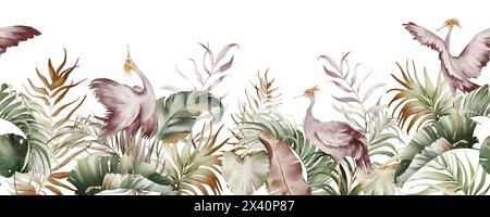 Nahtloser Rand in Aquarellfarben mit Flamingos. Stockfoto