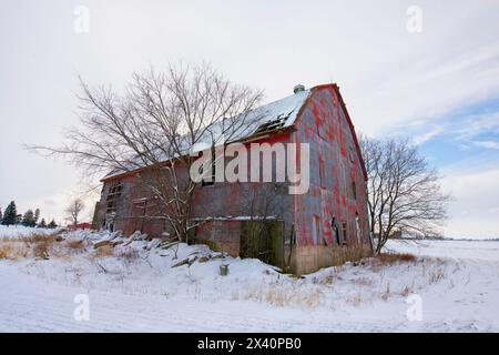 Verlassene rote Scheune im ländlichen Ontario, hier im Winter gesehen; Strathroy, Ontario, Kanada Stockfoto