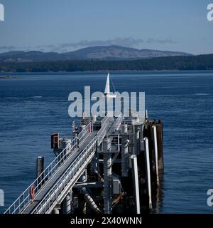 Blick auf das Ferry Dock, von Vancouver Island auf das Festland mit einem Segelboot auf dem Wasser und Bergen in der Ferne Stockfoto