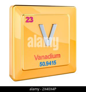 Vanadium V, Chemisches Element Zeichen. 3D-Rendering isoliert auf weißem Hintergrund Stockfoto