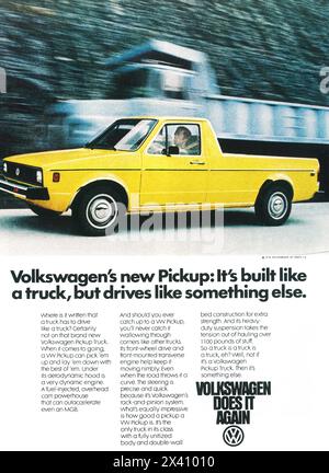 Werbung für Volkswagen Pickup-Lkw 1979: „Er ist wie ein Lkw gebaut, fährt aber wie etwas anderes.“ Stockfoto