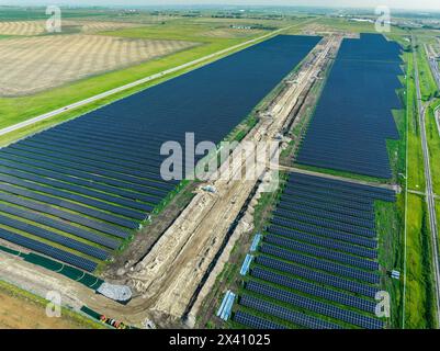Luftaufnahme eines großen Solarparks; High River, Alberta, Kanada Stockfoto