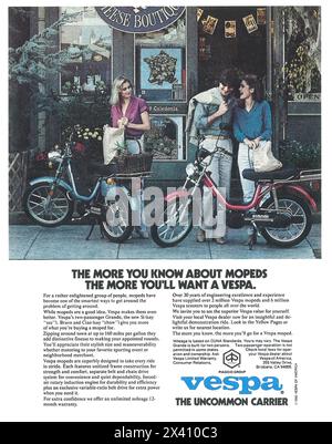 1980 Vespa Grande Moped Ad - „je mehr man über Mopeds weiß, desto mehr will man eine Vespa“ Stockfoto