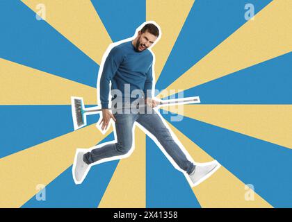 Pop-Art-Poster. Lustiger Mann mit Besen, der auf hellen gestreiften Hintergrund springt, Pin-up-Stil Stockfoto