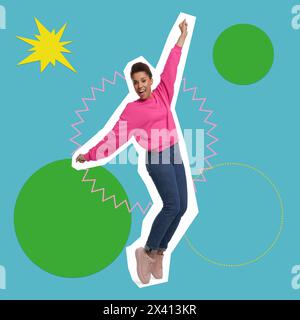 Pop-Art-Poster. Schöne junge Frau, die auf hellem Hintergrund tanzt, Pin-up-Stil Stockfoto