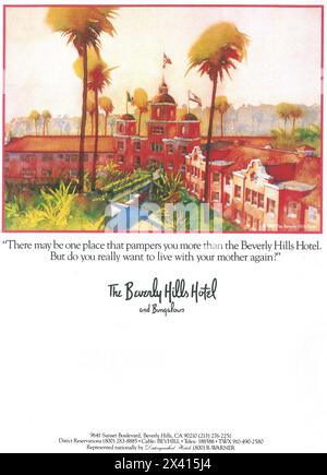 1980er Jahre The Beverly Hills Hotel & Bungalows Werbespot "...Möchten Sie wieder mit Ihrer Mutter leben?" Stockfoto