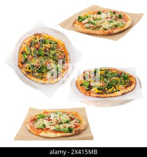 Köstliche vegetarische Pizzen isoliert auf weiß, Set Stockfoto