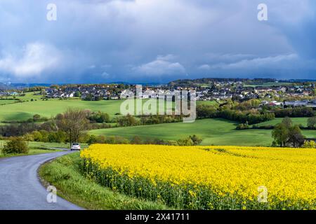 Blick über Breckerfeld, im Südosten des Ruhrgebiets, gehört zum Landkreis Ennepe-Ruhr, Rapsfeld, NRW, Deutschland, Stockfoto