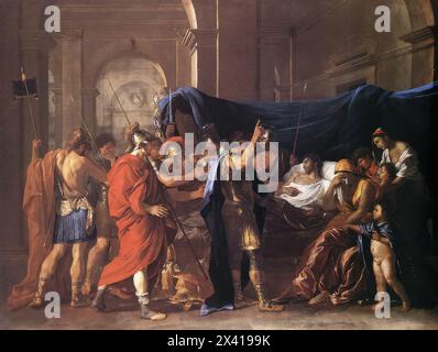 POUSSIN, Nicolas (* 1594, Les Andelys, d. 1665, Roma) der Tod von Germanicus 1627 Öl auf Leinwand, 148 x 198 cm Minneapolis Institute of Art, Minneapolis die erste wichtige kommission, die Poussin erhielt, war Ende 1626 von Kardinal Francesco Barberini für den Tod von Germanicus. Das Bild, das heute im Minneapolis Institute of Arts liegt, wurde Anfang 1628 fertiggestellt und wurde sofort berühmt. Das Thema wurde von den „Annalen“ des stillschweigenden Themas inspiriert. Dies war die erste der Sterbebettszenen, die Poussin während seines Lebens bevorzugen sollte. Die Figuren sind in einer friesartigen Komposition angeordnet Stockfoto