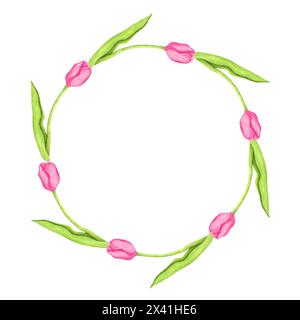 Aquarellkranz aus rosa Tulpen mit grünen Blättern auf weißem Hintergrund. Handgezeichneter Blumenrahmen. Frühlingsillustration für Postkarte, Einladungen, Logo Stockfoto