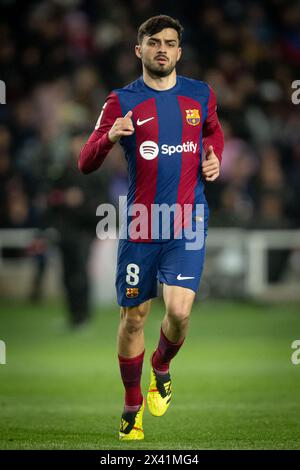 Barcelona, Spanien. April 2024. Pedri (FC Barcelona) gibt Gesten während eines La Liga EA Sports Spiels zwischen dem FC Barcelona und Valencia CF im Estadi Olímpic Lluis Companys in Barcelona, Spanien am 29. April 2024. Foto: Felipe Mondino/SIPA USA Credit: SIPA USA/Alamy Live News Stockfoto