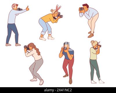 Professionelle Fotografen. Menschen mit Digitalkameras, Paparazzi, die Fotos machen, kreativer Beruf oder Hobby, schnelle Bilder, Männer und Frauen Stock Vektor