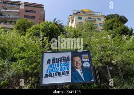 Rom, Italien. April 2024. Lega Werbetafel für die Europawahlen 2024 mit dem Gesicht von Matteo Salvini in der Viale Trastevere in Rom (Foto: © Matteo Nardone/Pacific Press via ZUMA Press Wire) NUR REDAKTIONELLE VERWENDUNG! Nicht für kommerzielle ZWECKE! Stockfoto