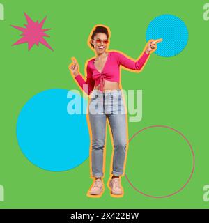Pop-Art-Poster. Schöne junge Frau, die auf hellem Hintergrund tanzt, Pin-up-Stil Stockfoto