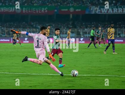 Kalkutta, Westbengalen, Indien. April 2024. Mohunbagan Super Giants (MBSG) aus Kalkutta besiegt Odisha FC mit 2-0 und erreicht am 28. April 2024 im Salzsee-Stadion in Kalkutta das 1. ISL-Finale. Die Torschützen sind Jasson Cummings und Sahal Abdul Samad. (Kreditbild: © Amlan Biswas/Pacific Press via ZUMA Press Wire) NUR REDAKTIONELLE VERWENDUNG! Nicht für kommerzielle ZWECKE! Stockfoto