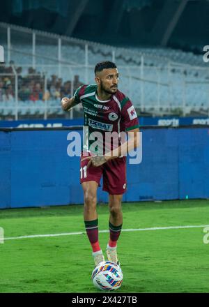 Kalkutta, Westbengalen, Indien. April 2024. Mohunbagan Super Giants (MBSG) aus Kalkutta besiegt Odisha FC mit 2-0 und erreicht am 28. April 2024 im Salzsee-Stadion in Kalkutta das 1. ISL-Finale. Die Torschützen sind Jasson Cummings und Sahal Abdul Samad. (Kreditbild: © Amlan Biswas/Pacific Press via ZUMA Press Wire) NUR REDAKTIONELLE VERWENDUNG! Nicht für kommerzielle ZWECKE! Stockfoto