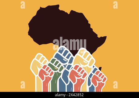 Illustration zum Afrika-Tag mit Afrika-Kartensilhouette und Banner für menschliche Hände. Vorlage für die Feier-Design-Karte. Afrikanische Befreiung Am 25. Mai. Vektor flach Ba Stock Vektor