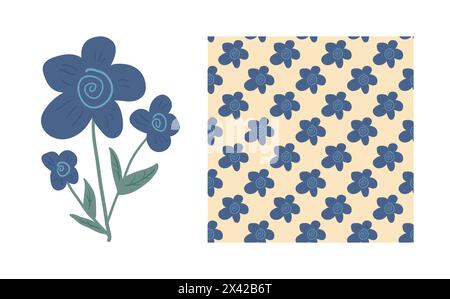 Set aus blauem Retro-Blumenmuster und botanischem Blumenstrauß. Endloser Hintergrund mit Blumenmuster. Wildblumendekoration. Vintage Botanik Stock Vektor