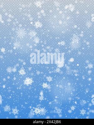 Nahtloser weißer Schneefalleffekt auf blauem transparentem Hintergrund. Winterliche Schneetextur. Zarte weiße Schneeflocke als Weihnachtskulisse. Web-PA Stock Vektor