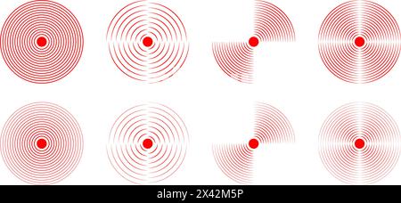 Set aus roten konzentrischen Kreisen. Symbole zur Lokalisierung von Schmerzen. Zeichen für Wunde oder Entzündung. Puls-, Stoß- oder Vibrationszeichen. Piktogramme für Schallwellen, Abdeckung, Radar oder Echolotsignale. Vektorabbildung. Stock Vektor