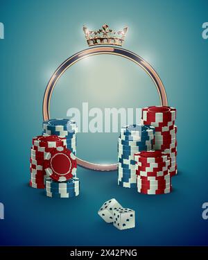 Runde goldene Rahmen aus Casino-Roulette mit Krone, Stapel Poker-Chips und weißen Würfeln auf tiefem türkisfarbenem Hintergrund. Glücksspiel Online Club Vintage Effect p Stock Vektor