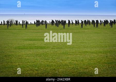 Ein Blick auf die Silhouetten des Standing With Giants, die die Installation für Ihre Zukunft im britischen Normandie Memorial in Ver-Sur-Mer, Frankreich, zum 80. Jahrestag des D-Day schaffen. Die 1.475 Statuen ehren jeden Soldaten, der am D-Day selbst gefallen ist, und stehen im Schatten der Gedenkstätte mit Blick auf Gold Beach, wo viele von ihnen vor fast 80 Jahren gelandet sind. Ver-Sur-Mer, Calvados, Frankreich am 27. April 2024. Die Felder auf dem Campus des britischen Normandie Memorial sind mit Silhouetten von Soldaten gefüllt, die die drei Militärdienste repräsentieren, die jeweils knapp unter t stehen Stockfoto