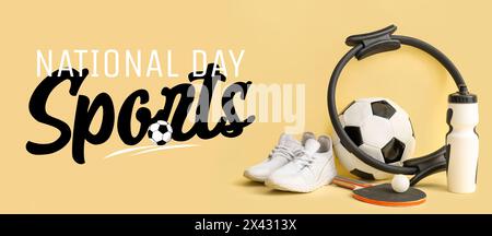 Banner für den nationalen Sporttag mit verschiedenen Geräten und Blumen Stockfoto