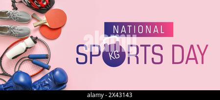 Banner für den nationalen Sporttag mit unterschiedlicher Ausrüstung Stockfoto