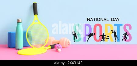 Banner für den nationalen Sporttag mit unterschiedlicher Ausrüstung Stockfoto