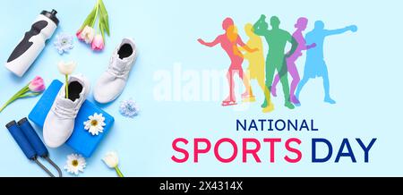 Banner für den nationalen Sporttag mit unterschiedlicher Ausrüstung, Schuhen und Blumen Stockfoto