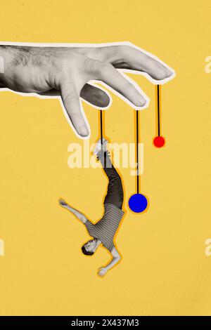 Composite Trend Artwork Skizzenbild 3D Foto Collage der Manipulation Marionette Master Seil an Fingern in der Hand halten junger Mann hängt unten Stockfoto