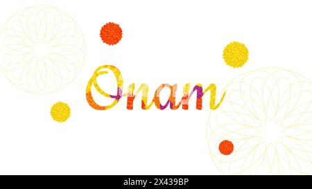 Onam Indian Festival Kerala State. Blumenmuster. Text aus Blumen. Frohes Onam-Urlaub. Poster Banner Design. Vektorabbildung. Stock Vektor