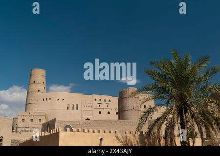 Das Bahla Fort, erbaut im 13. Jahrhundert, und eine Palme. Bahla, Oman. Stockfoto