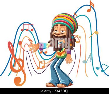 Cartoon Reggae Künstler umgeben von lebendigen Musiknoten. Stock Vektor