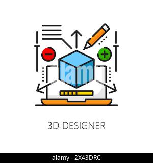 Offene Stelle bei der Webentwicklung, 3D-Designerkarriere, IT-Spezialjob lineare Farbsymbole. Entwicklung von Weboberflächen, IT-Spezialist Job-Outline-Vektor-Symbol mit Laptop, Modellierungs-App-Schnittstelle Stock Vektor
