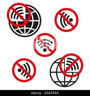 Vektorsatz von Netzwerkeinschränkungssymbolen. Kein Wi-Fi, keine globale Verbindung. Monochrom-Konnektivitätssymbole. Stock Vektor