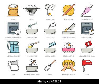 Farbe Haus Bäckerei und Gebäck Ikonen, Kochen Symbole der Vektorlinie Lebensmittel Backofen, Mehl und Teig, Küchenwerkzeuge und Utensilien. Eier, Löffel, Schüssel, Schneebesen und Mixer, Sieb, Nudelnadel und Gebäckbeutel Stock Vektor
