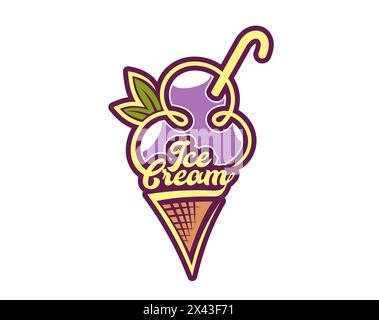 Lila Eiscreme Waffelkegel Icon des Eisdesserts für Gelateria-Zeichen, Vektor-Emblem. Violettes Eis, drei Kugeln in Waffelkegel mit Schriftbuchstaben für italienisches Eis- oder Eiscafé-Menü Stock Vektor