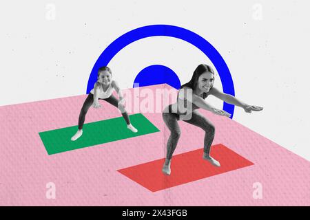 Foto Collage Composite Trend Artwork Skizzenbild von zwei jungen Turnerinnen Mädchen halten Balance Gymnastik dehnen Yoga Training Stockfoto