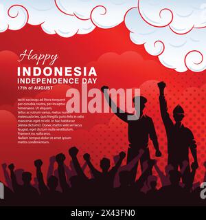 Indonesischer Unabhängigkeitstag-Banner mit der Silhouette von Menschen, die ihre Hände auf der Wolke heben Stock Vektor