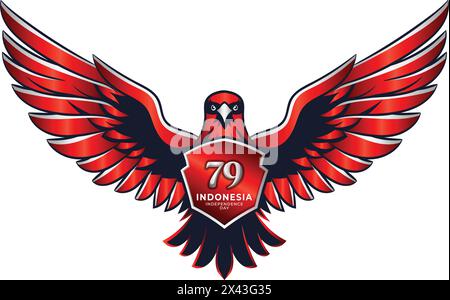 Adler oder garuda Illustration mit rot-weißer indonesischer Flagge, 79. Indonesischer Unabhängigkeitstag-Konzept-Logo Stock Vektor