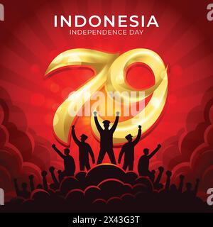 Glücklicher 79. Indonesischer Unabhängigkeitstag mit der goldenen Zahl 79 und der Silhouette der Menschen, die ihre Hände heben, als Zeichen des Sieges und der Freude Stock Vektor