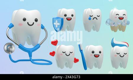 3D-Zahn. Zahnarztsymbole. Lächeln Dentalkind Charakter. Glückliche Zahnheilkunde oder Dentalpflege. Fröhliche oder traurige Gesichter. Backenreinigung mit Zahnpasta und Zahnbürste. Vector Children Stomatology Maskottchen Set Stock Vektor