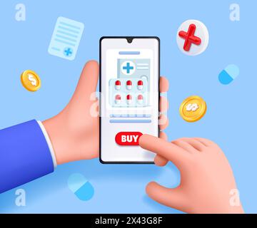 Symbol für Medizin-App. 3D-Apotheke. Online-Bestellung im Vitaminshop. Mobile Anwendung. Telefon in der Hand. Verschreibungspflichtige Pillen. Gesundheitsdienst. Arzneimittelkauf. Vektor-Zeichentrick-Illustration Stock Vektor