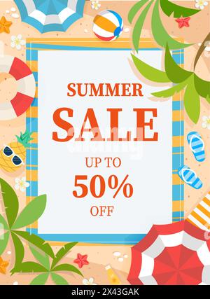 Summer Sale Banner Design mit junge Frau schwimmt, Gerben auf das Leben im Pool, Ansicht von oben Hintergrund Boje. Vector Illustration Stock Vektor